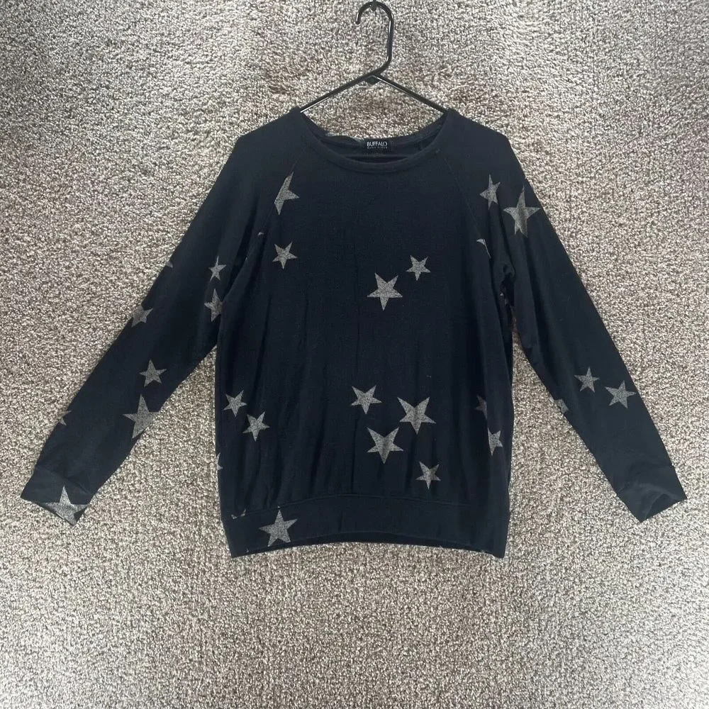Buffalo David Bitton Sweater Womens Small Black Stars Oversized Pullover Ladies - Picture 1 of 11